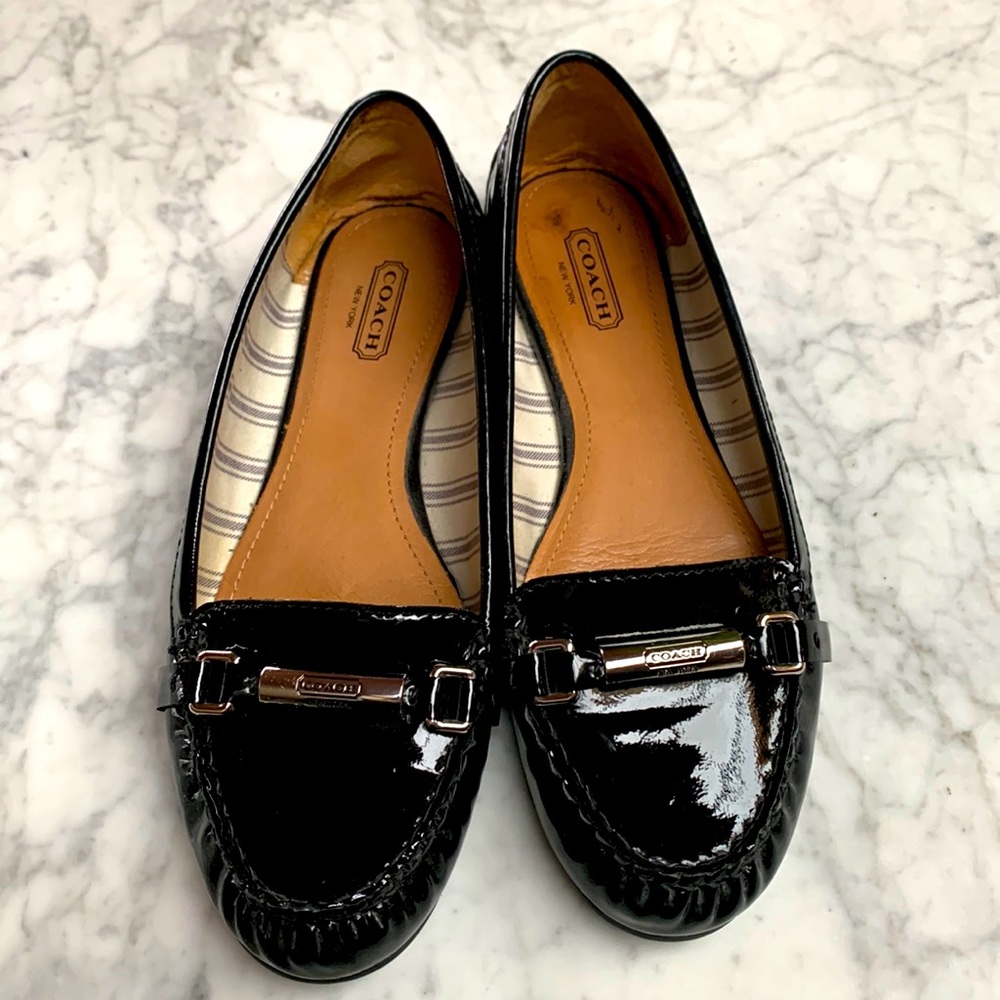 Coach Berdina black silver patent leather flat slip on shoe. Size 7